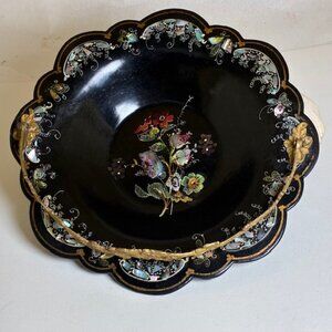 Antique Black Lacquer Paper Mache Calling Card Tray with MOP Inlay with  Handle